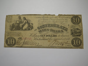 $10 1861 Richmond Virginia VA Confederate Currency Bank Note Bill RARE T28 VG