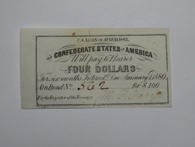 $4 1861 Confederate Bond Coupon Certificate Currency Bank Note Bill UNC