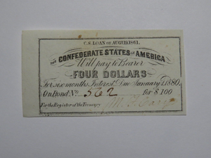 $4 1861 Confederate Bond Coupon Certificate Currency Bank Note Bill UNC