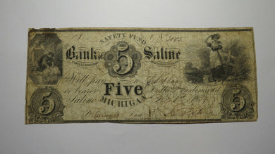 $5 1837 Saline Michigan MI Obsolete Currency Bank Note Bill! Safety Fund Saline 