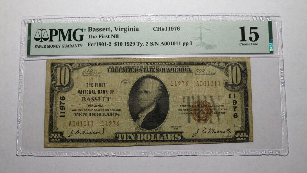 $10 1929 Bassett Virginia VA National Currency Bank Note Bill Ch #11976 F15 PMG
