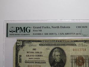 $20 1929 Grand Forks North Dakota National Currency Bank Note Bill Ch #2570 VF20