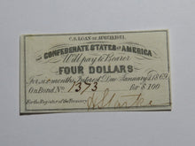 Load image into Gallery viewer, $4 1861 Confederate Bond Coupon Certificate Currency Bank Note Bill UNC