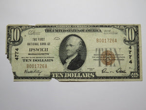 $10 1929 Ipswich Massachusetts MA National Currency Bank Note Bill Ch #4774 RARE