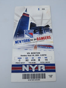 September 28, 2003 New York Rangers Vs. Boston Bruins NHL Hockey Ticket Stub