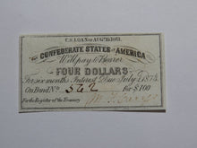 Load image into Gallery viewer, $4 1861 Confederate Bond Coupon Certificate Currency Bank Note Bill UNC