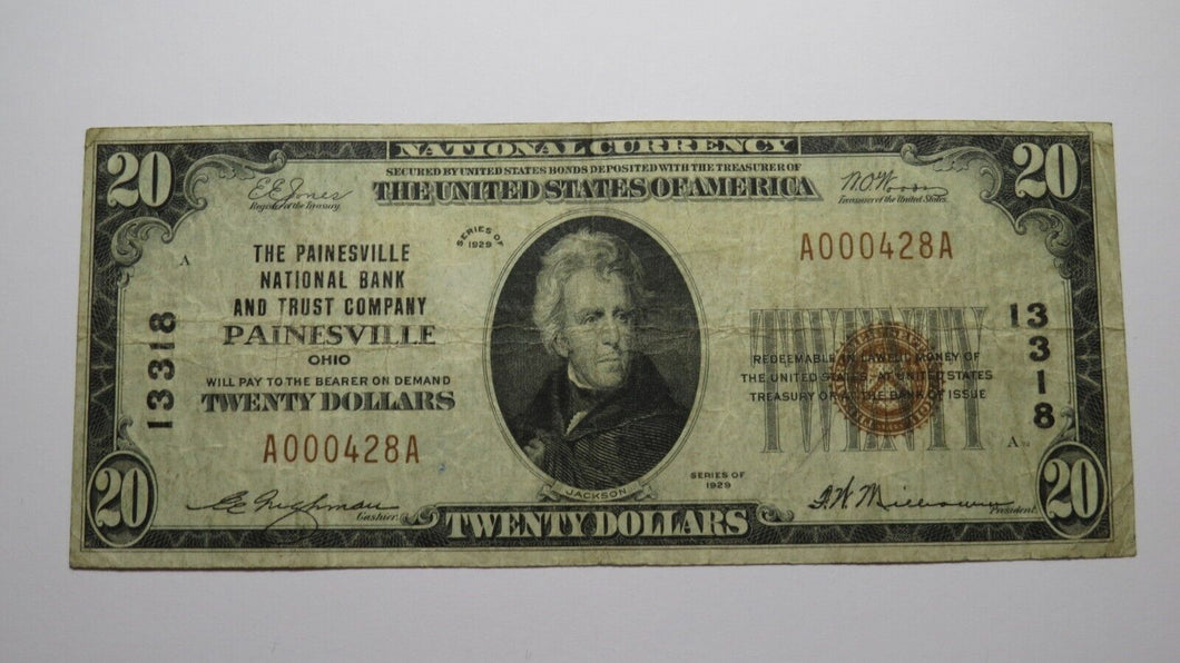 $20 1929 Painesville Ohio OH National Currency Bank Note Bill Ch. #13318 FINE+