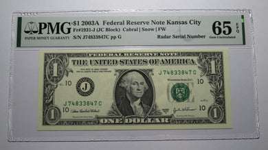 $1 2003 Radar Serial Number Federal Reserve Currency Bank Note Bill PMG UNC65EPQ