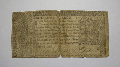 1774 $1/3 Maryland MD Colonial Currency Bank Note Bill! RARE ISSUE! 