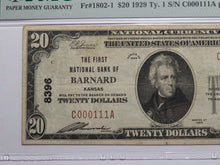 Load image into Gallery viewer, $20 1929 Barnard Kansas National Currency Bank Note Bill #8396 Binary Serial #