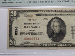$20 1929 Barnard Kansas National Currency Bank Note Bill #8396 Binary Serial #