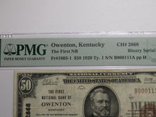 Load image into Gallery viewer, $50 1929 Owenton Kentucky National Currency Bank Note Bill #2868 Binary Serial #