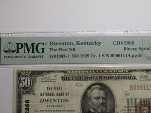 $50 1929 Owenton Kentucky National Currency Bank Note Bill #2868 Binary Serial #