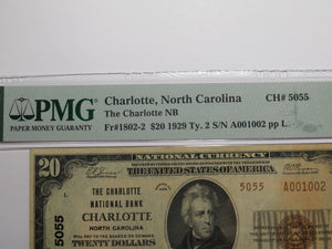 $20 1929 Charlotte North Carolina NC National Currency Bank Note Bill #5055 AU50