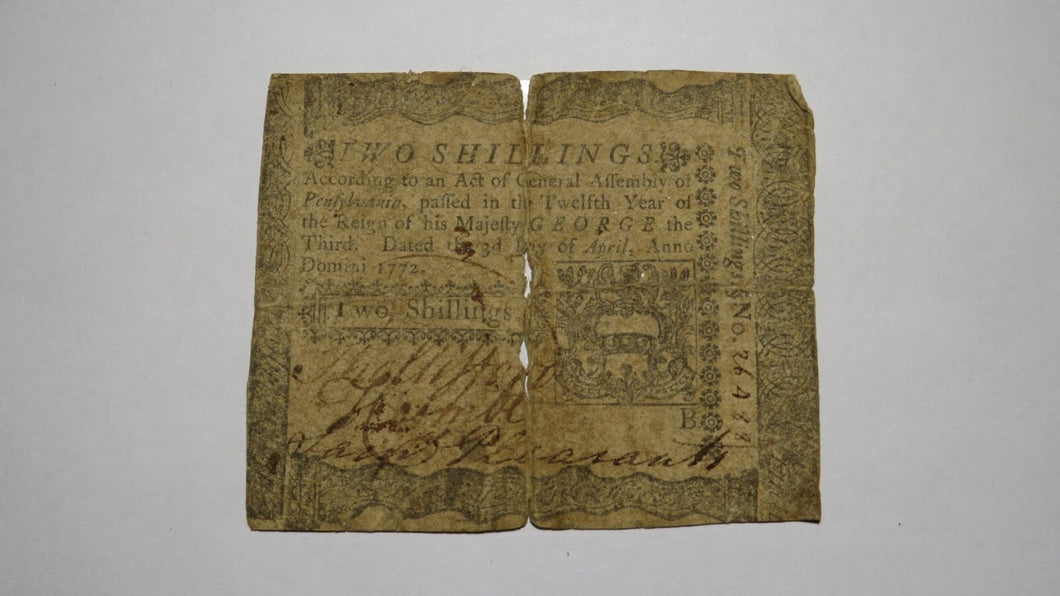 1772 Two Shillings Pennsylvania PA Colonial Currency Bank Note Bill RARE 2s