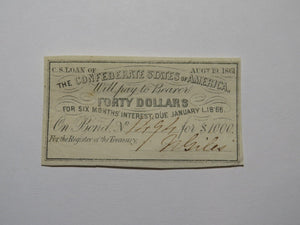 $40 1861 Confederate Bond Coupon Certificate Currency Bank Note Bill UNC