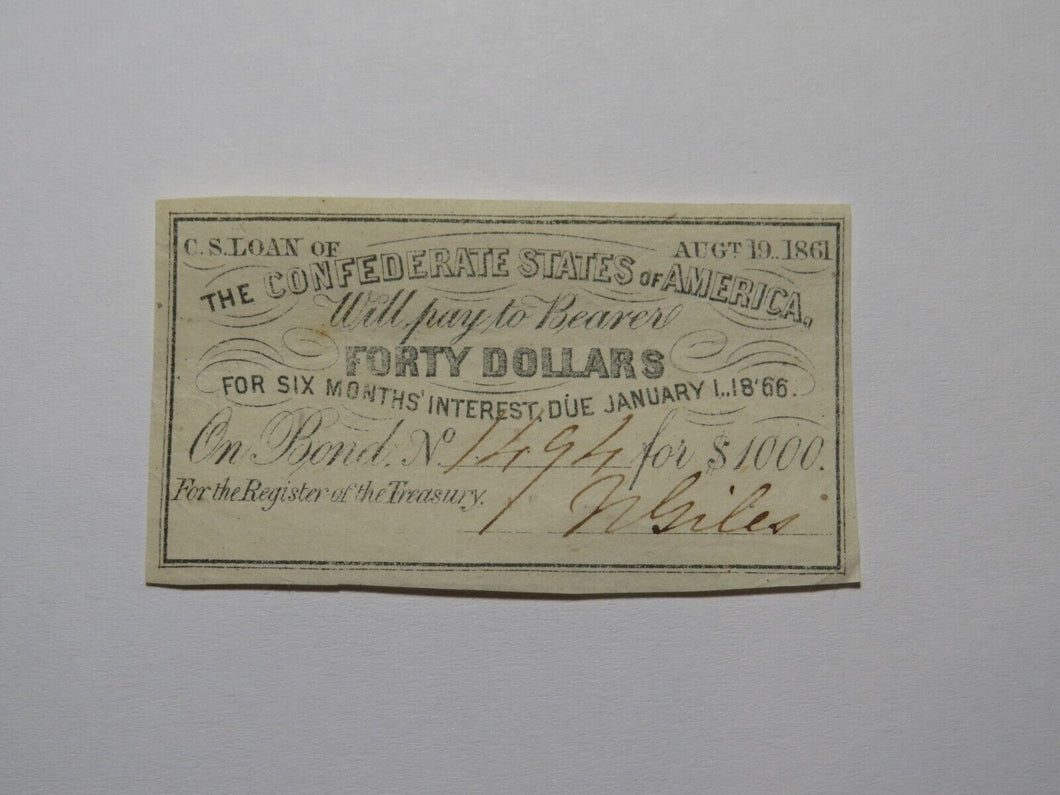 $40 1861 Confederate Bond Coupon Certificate Currency Bank Note Bill UNC