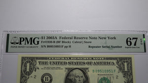 $1 2003 Repeater Serial Number Federal Reserve Currency Bank Note Bill PMG UNC67