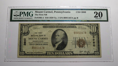 $10 1929 Mount Carmel Pennsylvania PA National Currency Bank Note Bill 8679 VF20