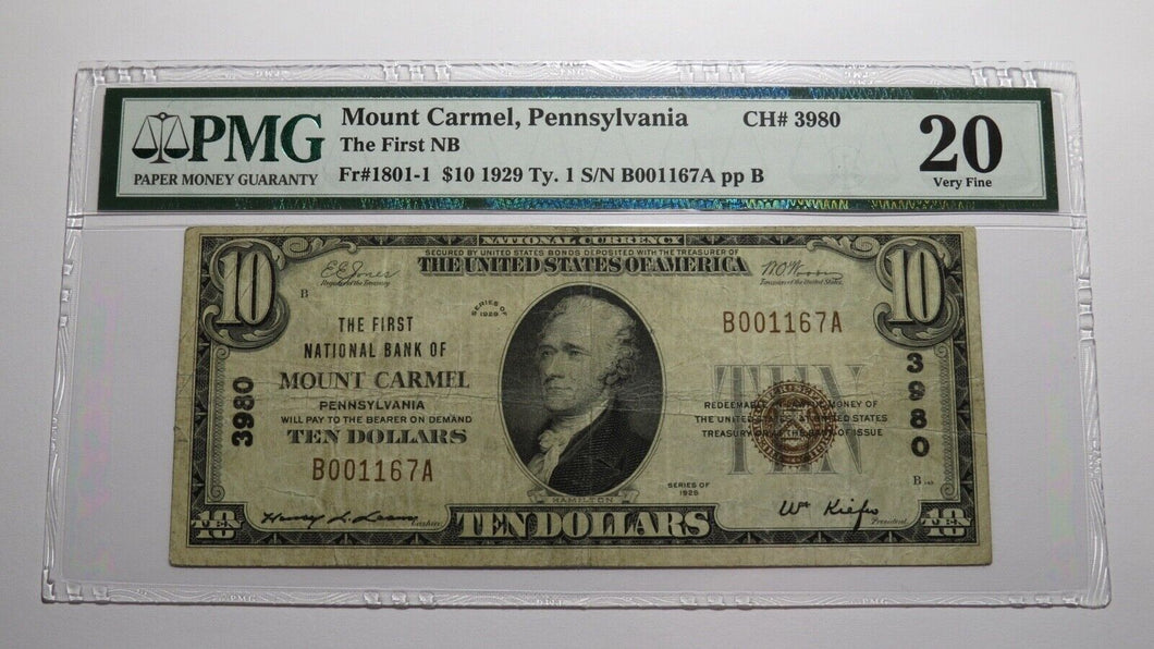 $10 1929 Mount Carmel Pennsylvania PA National Currency Bank Note Bill 8679 VF20