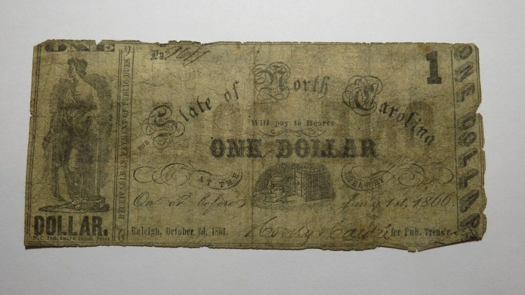 $1 1861 Raleigh North Carolina Obsolete Currency Bank Note Bill State of NC