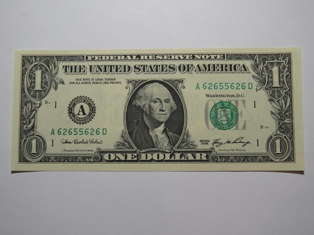 $1 2006 Radar Serial Number Federal Reserve Currency Bank Note Bill UNC 62655626