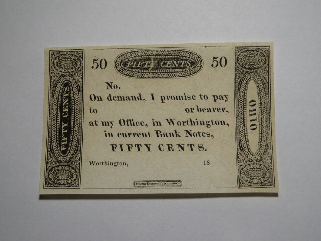 $.50 18__  Worthington Ohio Obsolete Currency Bank Note Remainder Ezra Griswold