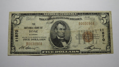 $5 1929 Boaz Alabama AL National Currency Bank Note Bill Ch. #11870 FINE