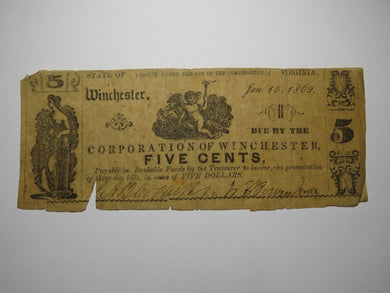 $.05 1862 Winchester Virginia VA Obsolete Currency Bank Note Bill Corp. of Win.