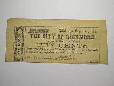 $.10 1862 Richmond Virginia Obsolete Currency Bank Note Bill City of Richmond