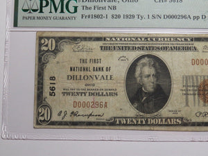 $20 1929 Dillonvale Ohio OH National Currency Bank Note Bill Charter #5618 VF20