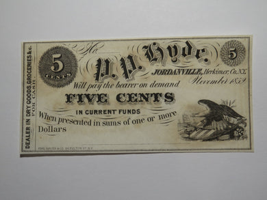 $.05 1852 Jordanville New York Obsolete Currency Bank Note Bill P.P. Hyde UNC+++