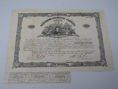 $500 1862 Confederate Bond Certificate Currency Bank Note Bill UNC 14