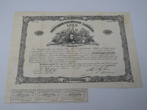 $500 1862 Confederate Bond Certificate Currency Bank Note Bill UNC 14" X 10"