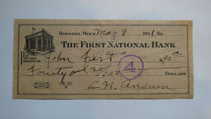 $40 1931 Hibbing Minnesota MN Cancelled Check! First National Bank 