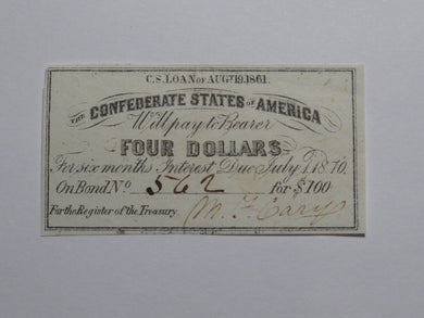 $4 1861 Confederate Bond Coupon Certificate Currency Bank Note Bill UNC