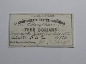 $4 1861 Confederate Bond Coupon Certificate Currency Bank Note Bill UNC