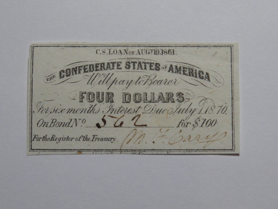 $4 1861 Confederate Bond Coupon Certificate Currency Bank Note Bill UNC