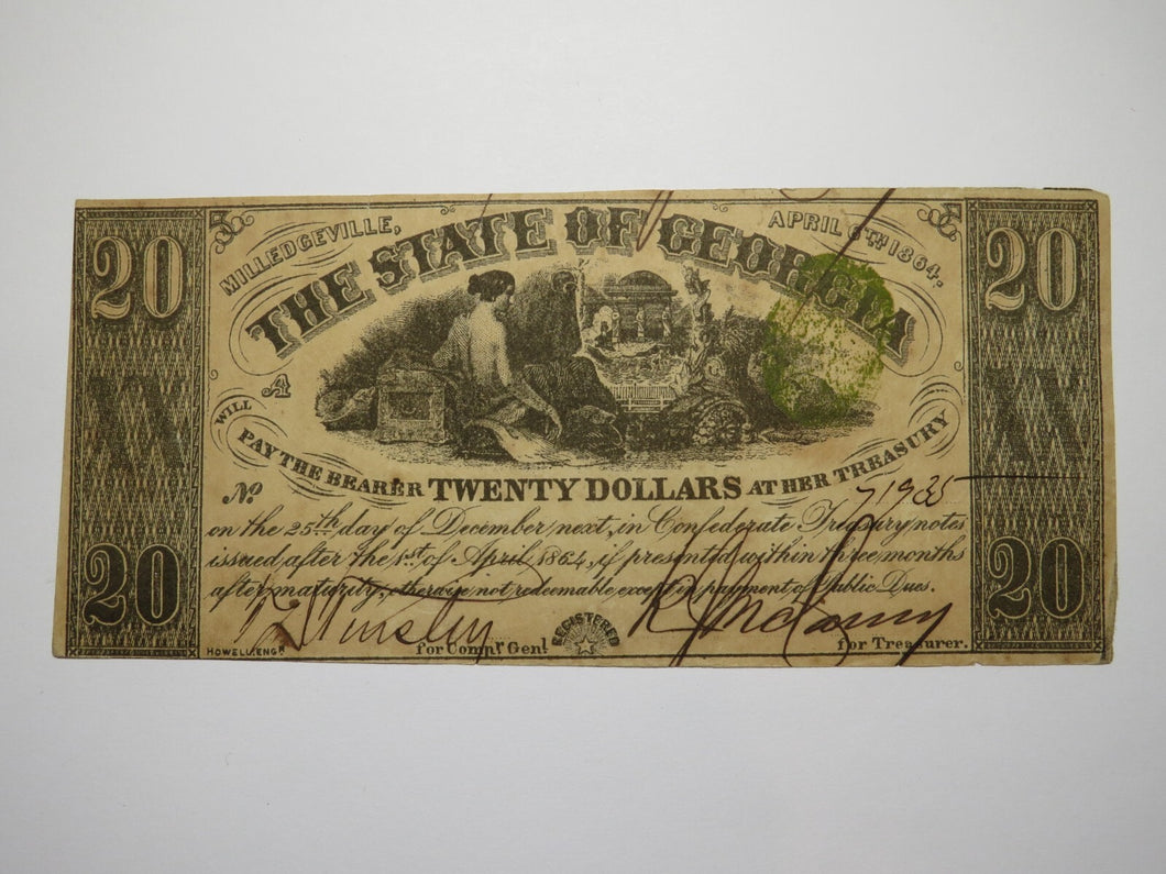 $20 1864 Milledgeville Georgia Obsolete Currency Bank Note Bill State of GA XF