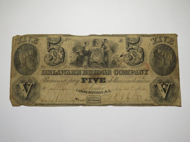 $5 1845 Lambertville New Jersey Obsolete Currency Bank Note Bill Delaware Bridge