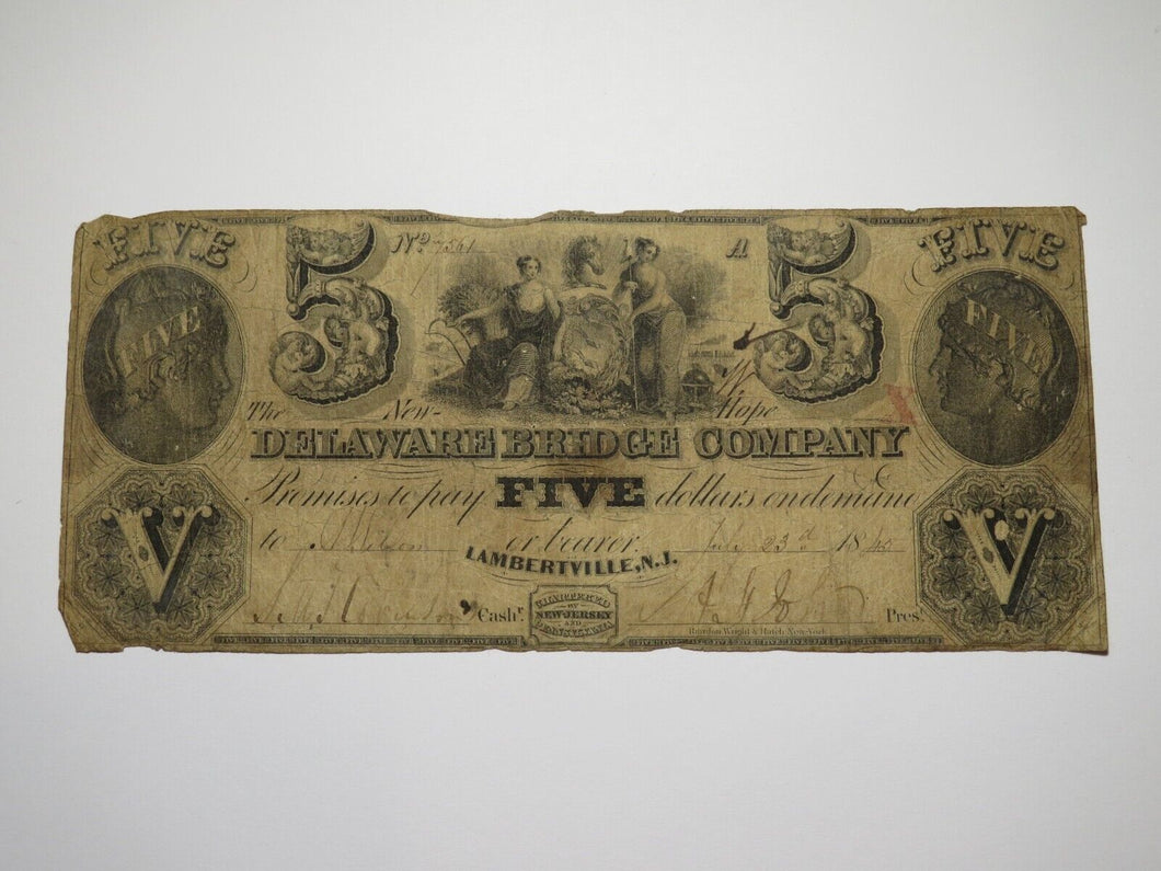 $5 1845 Lambertville New Jersey Obsolete Currency Bank Note Bill Delaware Bridge