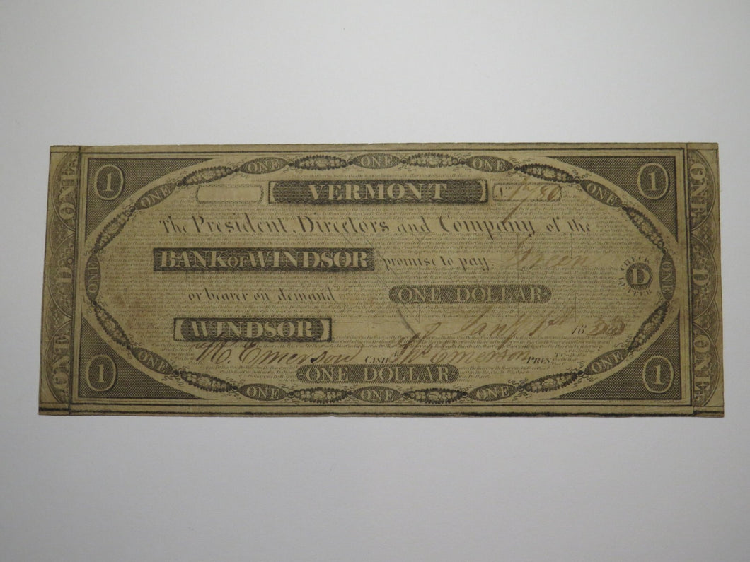 $1 1833 Windsor Vermont VT Obsolete Currency Bank Note Bill Bank of Windsor