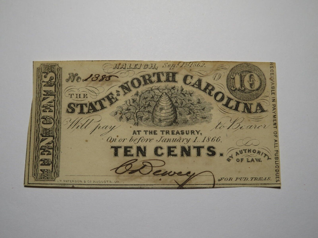 $.10 1862 Raleigh North Carolina Obsolete Currency Bank Note Bill NC State UNC