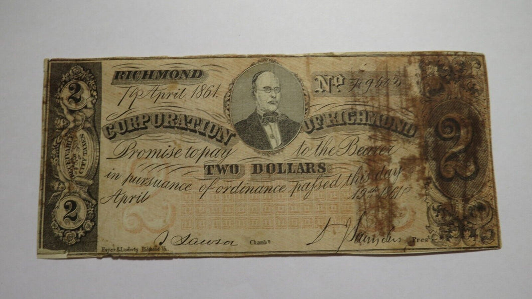$2 1861 Winchester Virginia VA Obsolete Currency Bank Note Bill Corp. of Win