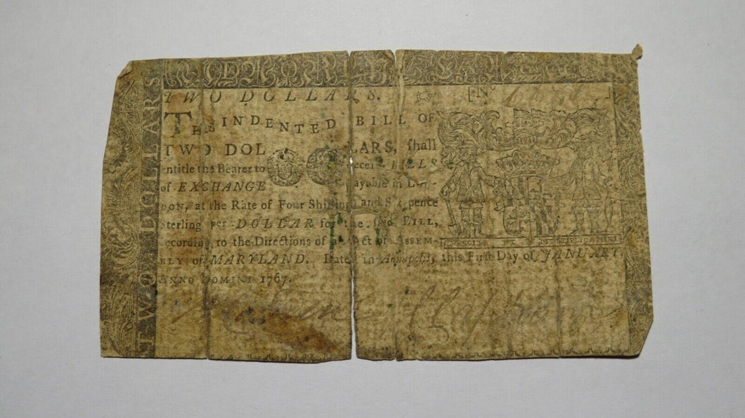 1767 $2 Maryland MD Colonial Currency Bank Note Bill! RARE ISSUE! Two Dollars