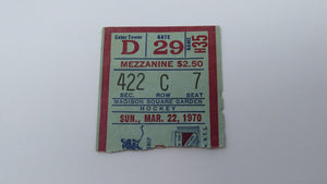 March 22, 1970 New York Rangers Vs. Toronto Maple Leafs NHL Hockey Ticket Stub