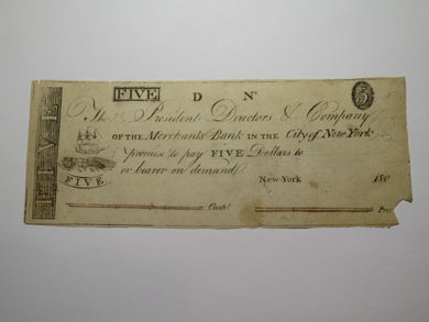$5 180_ New York City NY Obsolete Currency Bank Note Bill Merchants' Bank of NY