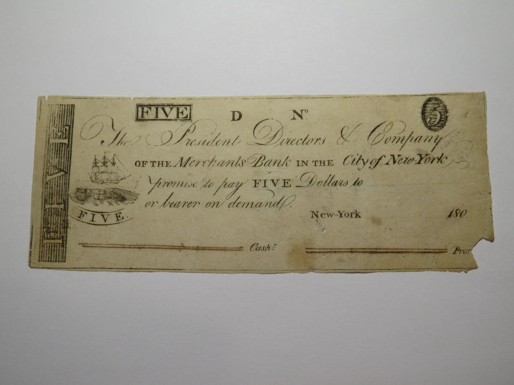 $5 180_ New York City NY Obsolete Currency Bank Note Bill Merchants' Bank of NY