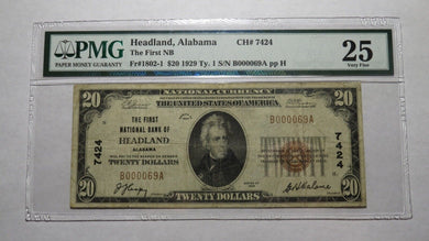 $20 1929 Headland Alabama AL National Currency Bank Note Bill Ch. #7424 VF25 PMG