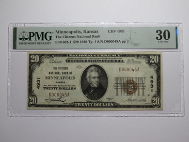 $20 1929 Minneapolis Kansas National Currency Bank Note Bill Ch. #4931 VF30 PMG
